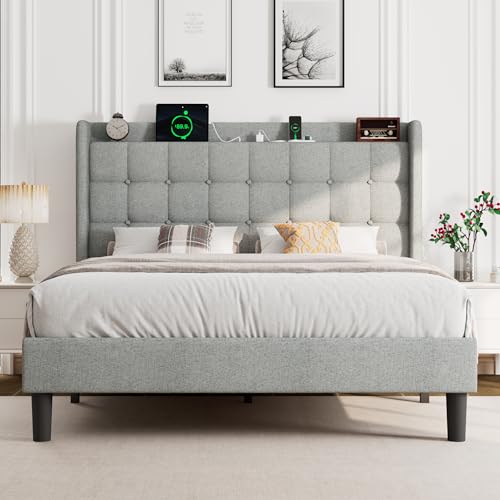 Queen Bed Frame, Upholstered Platform Bed with Charging Station, Modern Wingback Storage Headboard, Solid Wood Slats Support, No Box Spring Needed, Dark Gray - Image 8