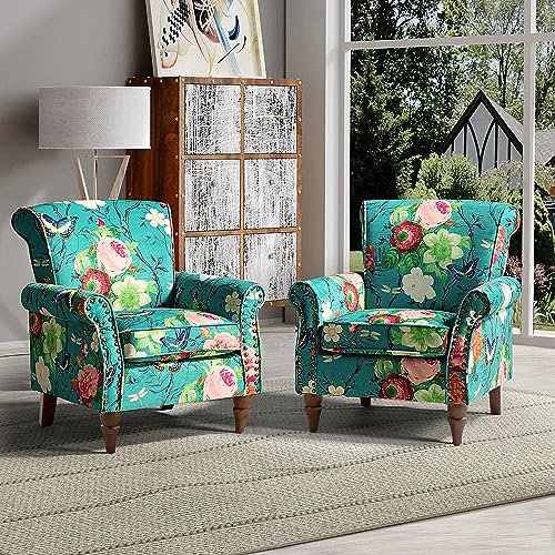 HULALA HOME Modern Wingback Accent Chair with Wood Legs & Removable Cushion, Comfy Upholstered Armchair with Nailhead Trim, Floral Pattern Single Sofa Chair for Living Room Bedroom, Blue - Image 61