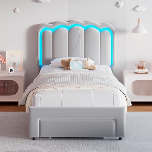 Twin Upholstered LED Bed Frame with Storage Drawer and Adjustable Chic Double Wavy Headboard, Velvet Princess Platform Bed for Kids/Girls, Solid Wood Slats Support, No Box Spring Needed, Beige - Image 68