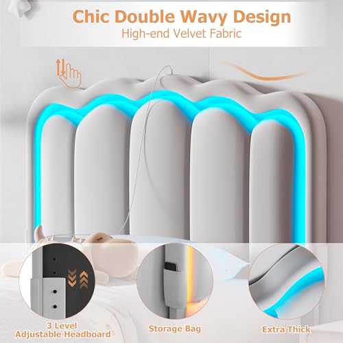 Twin Upholstered LED Bed Frame with Storage Drawer and Adjustable Chic Double Wavy Headboard, Velvet Princess Platform Bed for Kids/Girls, Solid Wood Slats Support, No Box Spring Needed, Beige - Image 66