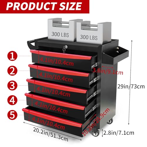 Rolling Tool Chest, Metal Tool Box with 5 Drawers, Lockable Garage Storage Cabinets Sliding Tool Drawer Cart on Wheels Toolbox Organization Workbench for Workshop Warehouse Repair Shop - Image 12