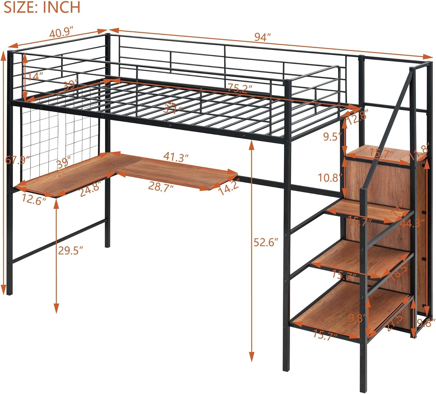 Black Twin Metal Loft Bed W/Desk Lateral Storage Ladder Wardrobe Glam Modern Contemporary Unisex Space MDF Finish Handmade Headboard Included - Image 2