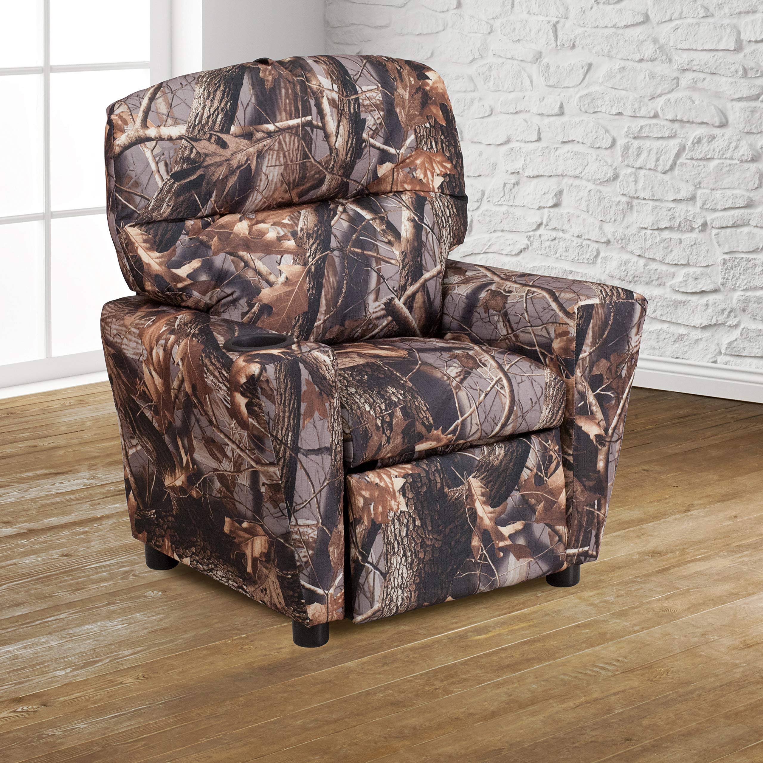 Emma and Oliver Camouflaged Fabric Kids Recliner with Cup Holder