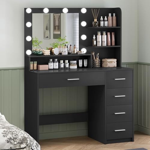 Makeup Vanity Desk with Mirror, 10 Lights, 5 Drawers, 3 Storage Shelves, 3 Color Modes & Adjustable Brightness Dressing Table, 35.4?? Desk, Black - Image 33