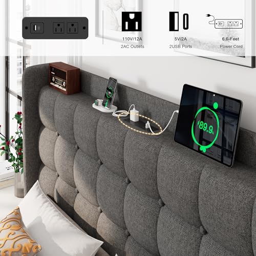 Queen Bed Frame, Upholstered Platform Bed with Charging Station, Modern Wingback Storage Headboard, Solid Wood Slats Support, No Box Spring Needed, Dark Gray - Image 4