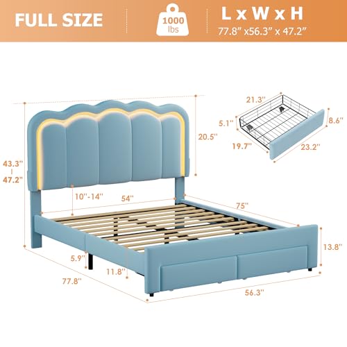 Twin Upholstered LED Bed Frame with Storage Drawer and Adjustable Chic Double Wavy Headboard, Velvet Princess Platform Bed for Kids/Girls, Solid Wood Slats Support, No Box Spring Needed, Beige - Image 40