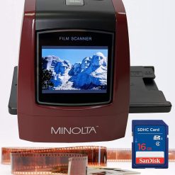MINOLTA Film & Slide Scanner, Convert Color & B&W 35mm, 126, 110 Negative & Slides, Super 8 Films to 22MP JPEG Digital Photos, 16GB SD Card, Worldwide (Red)
