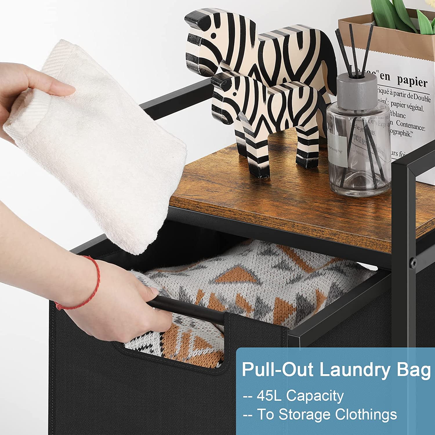 Black Laundry Hamper Basket with Removable Bag and Brown Wood Shelf - Image 4