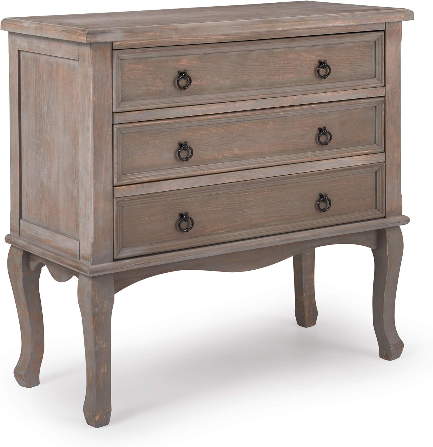 ClickDecor Thomas Antique Country Style Dresser Chest with 3 Drawers, Weathered Wood Nightstand Living Room Accent Furniture, Black Ring Handle, Curved Legs, Gray - Image 10