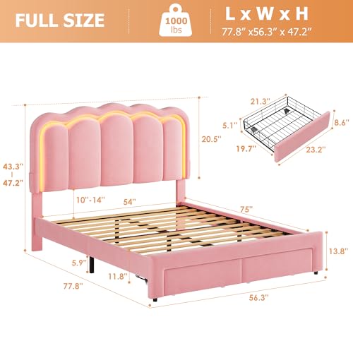 Twin Upholstered LED Bed Frame with Storage Drawer and Adjustable Chic Double Wavy Headboard, Velvet Princess Platform Bed for Kids/Girls, Solid Wood Slats Support, No Box Spring Needed, Beige - Image 84