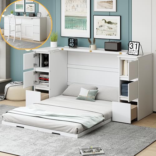 Twin Size Murphy Beds with Charging Station and Storage Drawers, Wood Cabinet Bed Frame, Wall Bed with Outlet & USB Ports for Home Office Studio, White - Image 17